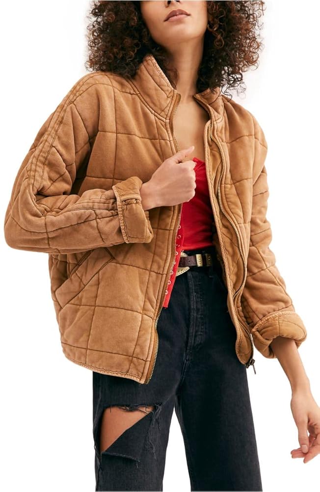 moussy【FAUX MOUTON DOLMAN JACKET】 Free People Dolman Quilted Knit Jacket Mushroom MD (Women's